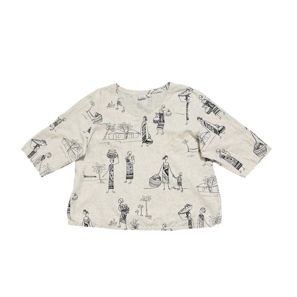 Hot Cotton Marc Ware Linen Blend Boho Village Sketch Print Blouse Women's Top 3X